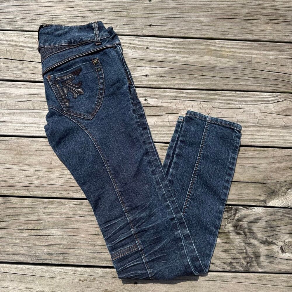 Y2K Women’s XOXO Size 1/2 Dark Wash Moto Skinny Jeans Leather Trim Studded